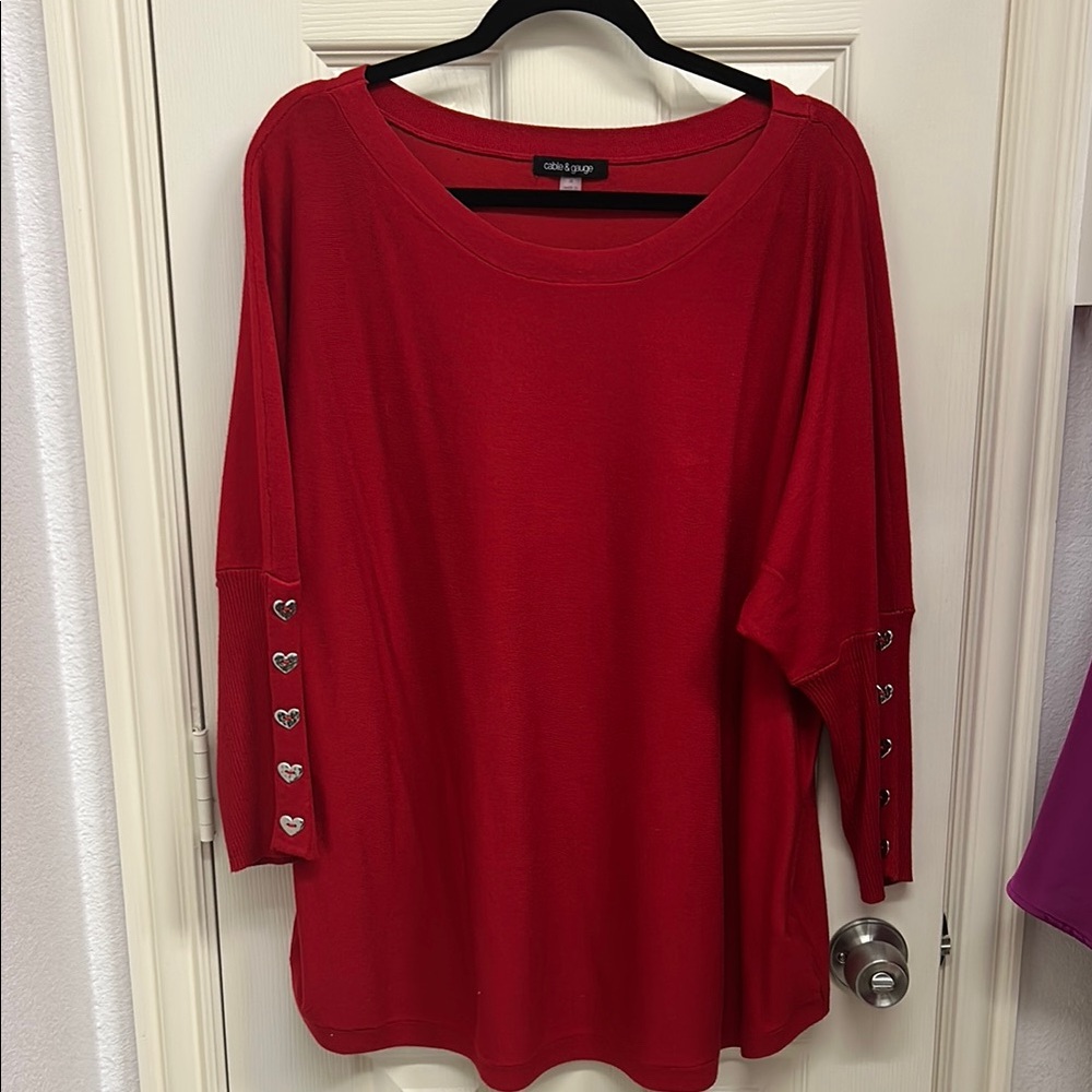 Cable & Gauge Red Long Sleeve Sweater with Heart Accent buttons.